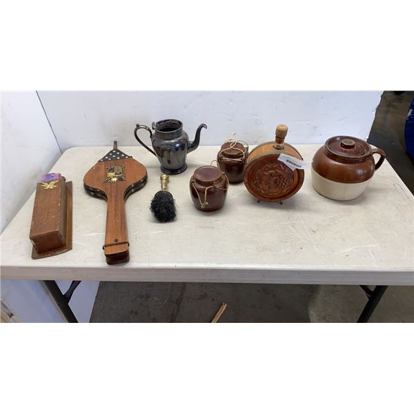 VINTAGE BELLOWS, MATCH STICK HOLDER, CANTEEN AND 2 GINGER JARS