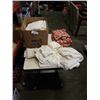 Image 1 : BOX OF TOWELS AND POLKADOT BEDSPREAD WOTH PILLOWCASES