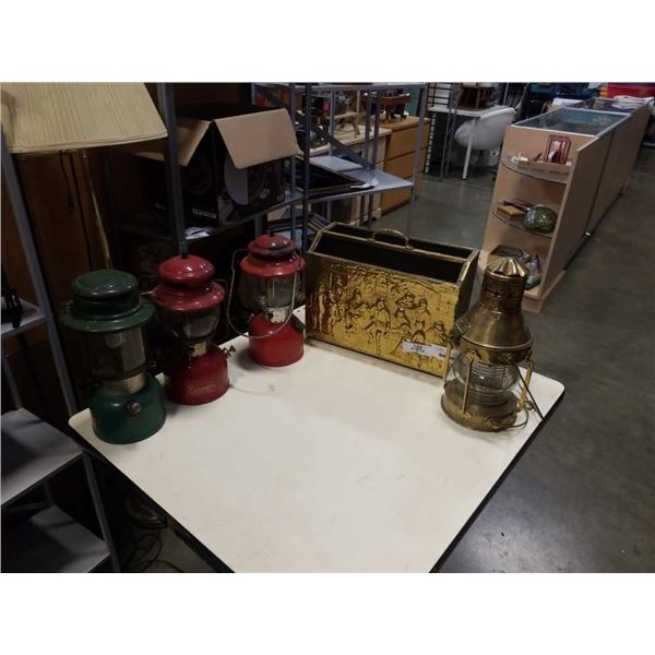 4 LANTERNS AND BRASS KINDLING BOX