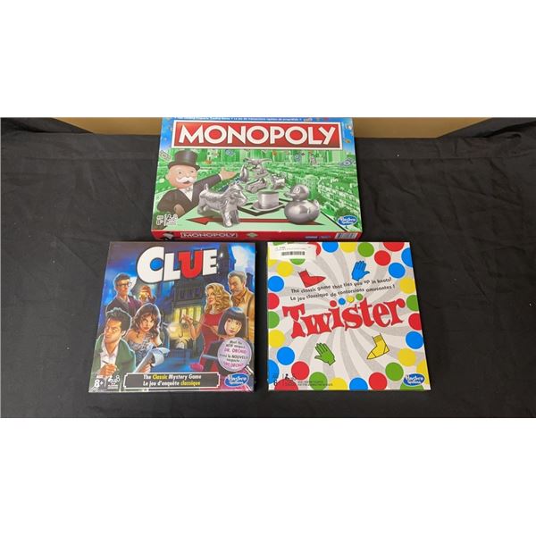 3 BRAND NEW SEALED BOARD GAMES - MONOPOLY, CLUE, AND TWISTER