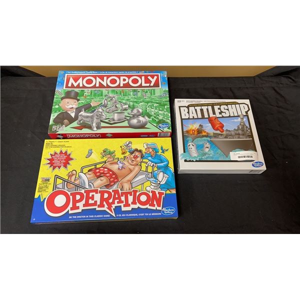 3 BRAND NEW SEALED BOARD GAMES - MONOPOLY, BATTLESHIP, AND OPERATION