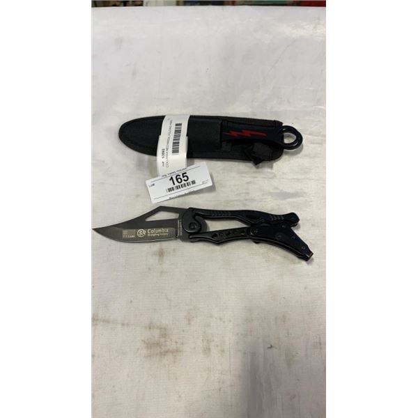 COLUMBIA MECHANICAL FOLDING KNIFE AND 3 THROWING KNIVES WITH SHEATH