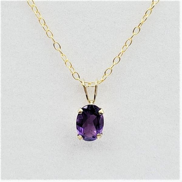 NEW 10KT. YELLOW GOLD 7MM X 5MM GENUINE AMETHYST PENDANT WITH STERLING CHAIN, 0.64CTS, W/A $725.00