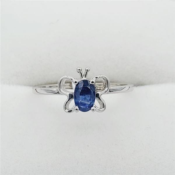 10KT. WHITE GOLD 4.97MM X 3MM GENUINE BLUE SAPPHIRE "BUTTERFLY" BABY RING, 0.21CTS, W/A $785.00, SIZ