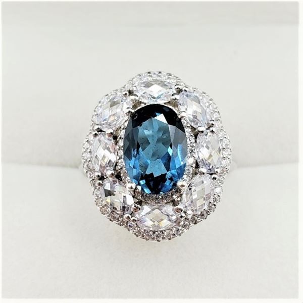 STERLING SILVER 10MM X 6.9MM GENUINE BLUE TOPAZ (2CTS) & CZ RING, W/A $865.00, SIZE 6