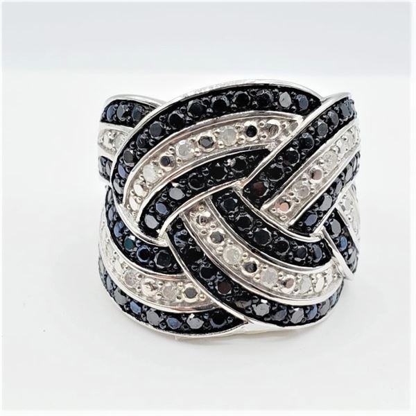 STERLING SILVER BLACK & WHITE DIAMOND RING, 97 DIAMONDS, 1 FULL CARAT OF DIAMOND! W/A $1500.00, SIZE