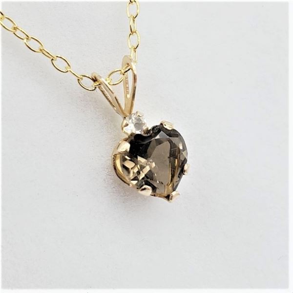 10KT. YELLOW GOLD 6MMX 6MM GENUINE SMOKEY QUARTZ HEART PENDANT WITH STERLING CHAIN, 0.67CTS OF QUART