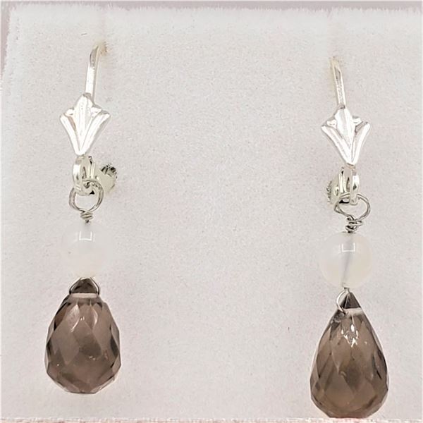 STERLING SILVER GENUINE SMOKEY QUARTZ BRIOLETTE & MOONSTONE EARRINGS, RETAIL $60.00