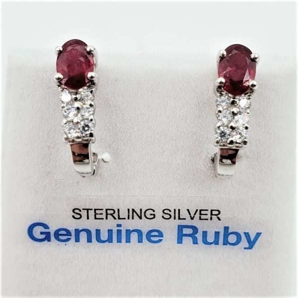 STERLING SILVER 6MM X 4.15MM NATURAL RUBY (1.12CTS) & CZ EARRINGS, W/A $785.00