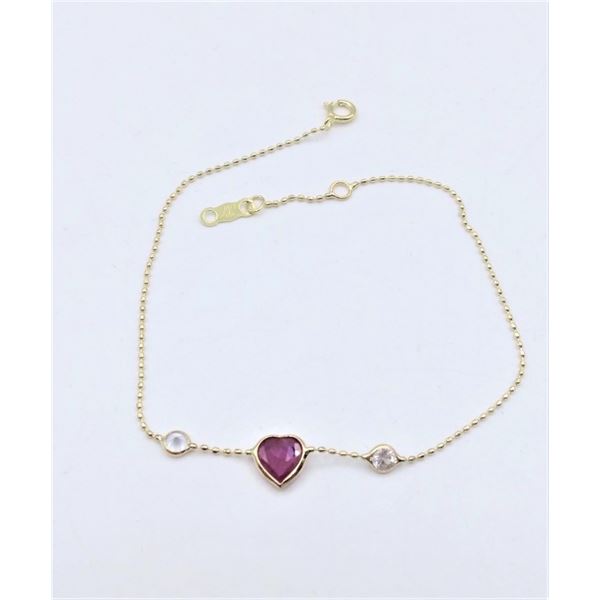 10KT. YELLOW GOLD 5.5MM X 5.5MM NATURAL RUBY (0.84CTS) & WHITE SAPPHIRE HEART BRACELET, W/A $1060.00