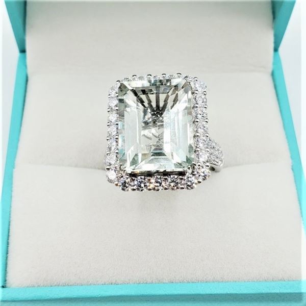 STERLING SILVER 16.2MM X 12.1MM GENUINE GREEN AMETHYST (11CTS) & CZ COCKTAIL RING, W/A $1060.00, SIZ