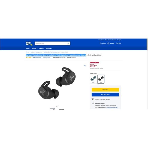 Jaybird Vista In-Ear Sound Isolating Truly Wireless Headphones - Black Tested and Working Retail $19