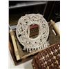 Image 2 : WICKER BASKET, WOVEN MIRROR, WOOD TRAY AND PICNIC BASKET WITH YARN AND CONTENTS