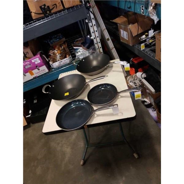 4 WOKS AND BLUE DIAMOND PANS