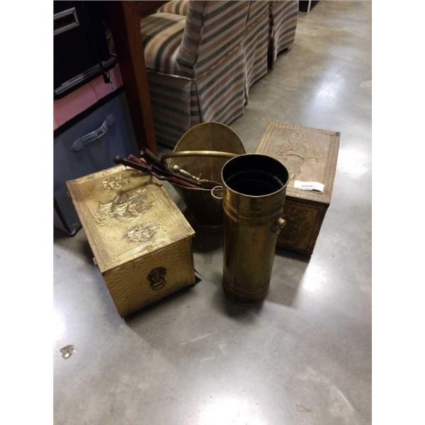 COAL SCUTTLE WITH TOOLS, BRASS BOX AND UMBRELLA STAND