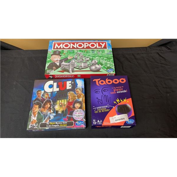 3 NEW BOARD GAMES - SEALED MONOPOLY, SEALED CLUE, AND TABOO