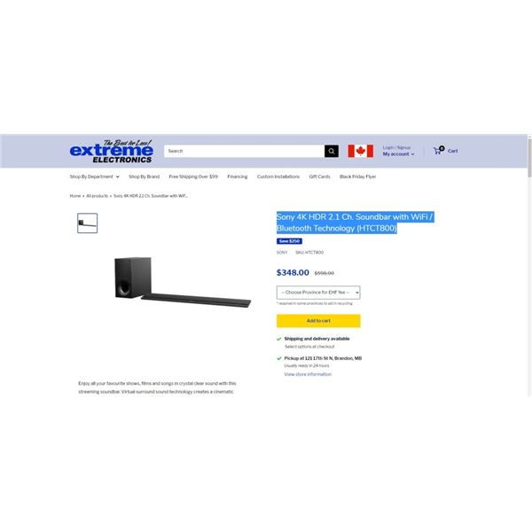 Sony 4K HDR 2.1 Ch. Soundbar with WiFi / Bluetooth Technology (HTCT800) Tested and Working Retail $6