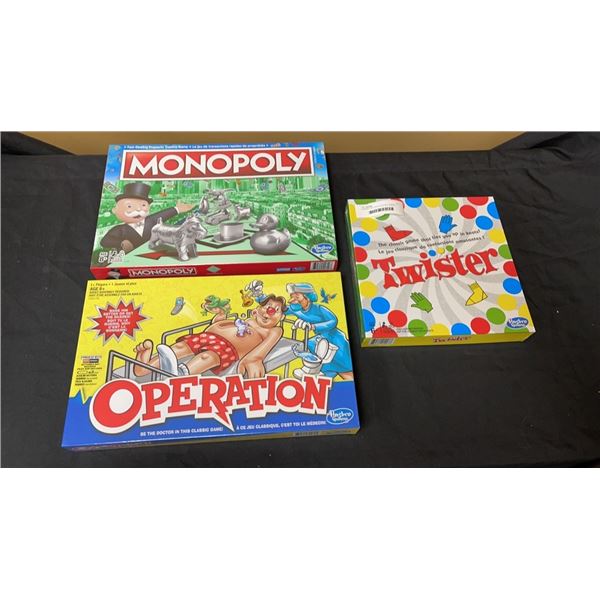 3 BRAND NEW SEALED BOARD GAMES - MONOPOLY, OPERATION, AND TWISTER