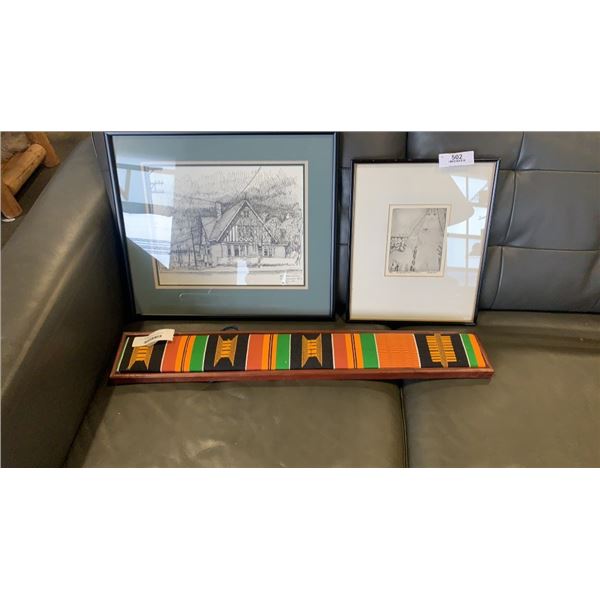 2 VINTAGE FRAMED SKETCHINGS AND WALL HANGING