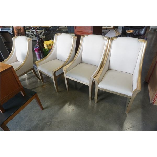 4 WOOD FRAMED CHAIRS WITH GOLD TONE ARMS