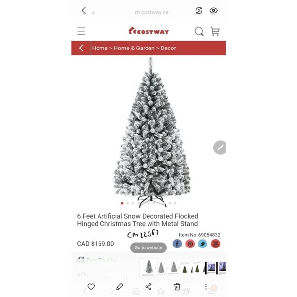 Costway 6 Feet Artificial Snow Decorated Flocked Hinged Christmas Tree with Metal Stand Retail $170