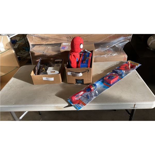 2 BOXES OF SPIDERMAN COLLECTIBLES, FISHING ROD AND HOCKEY CARDS