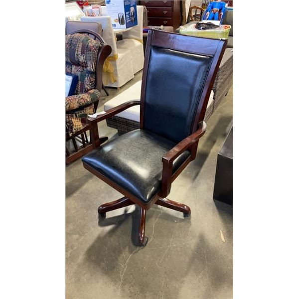 BLACK LEATHER AND WOOD SWIVEL OFFICE CHAIR