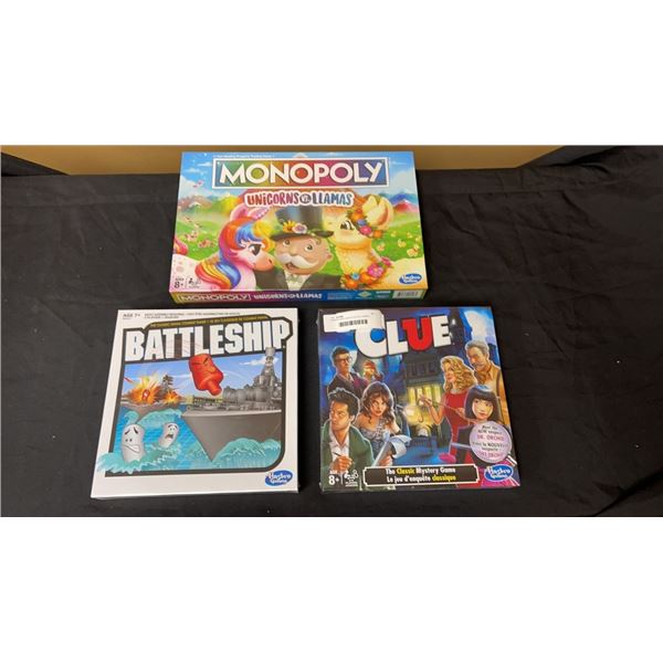 3 BRAND NEW SEALED BOARD GAMES - MONOPOLY UNICORNS VS LLAMAS, BATTLESHIP, AND CLUE