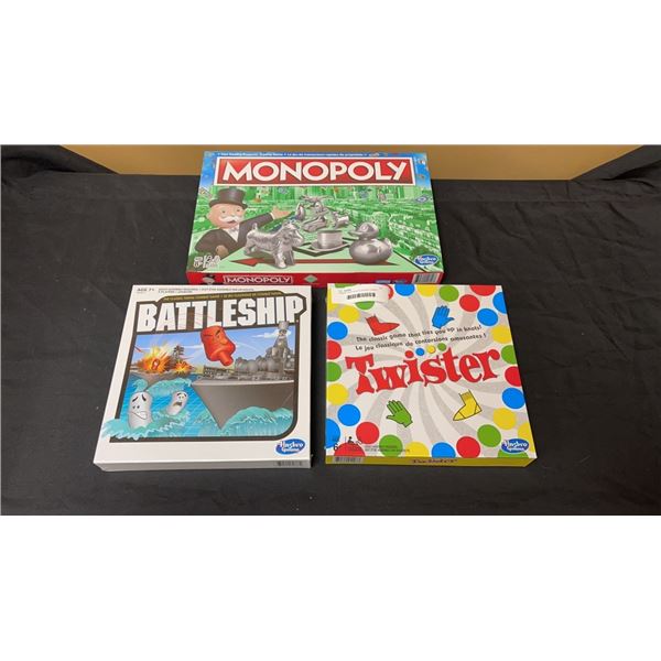 3 BRAND NEW SEALED BOARD GAMES - MONOPOLY, BATTLESHIP, AND TWISTER