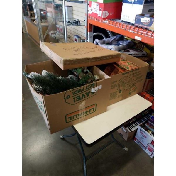 2 BOXES OF CHRISTMAS DECORATIONS AND REINDEER DECORATION