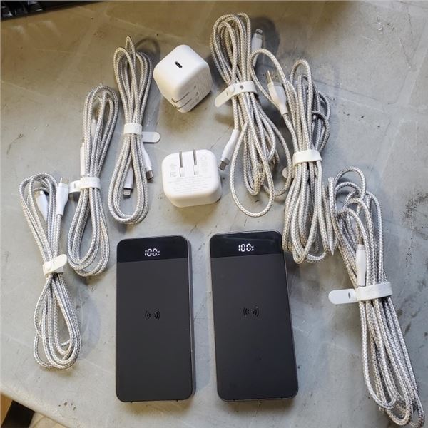 2 NEW WIRELESS CHARGING POWER BANKS WITH 6 NEW APPLE IPHONE CHARGE CORDS 3-10FT AND 3-6FT AND 2 WALL