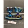 Image 1 : Beautiful Vintage Indiana Glass Grape & Leaves Blue Carnival Glass Cream & Sugar with Undertray