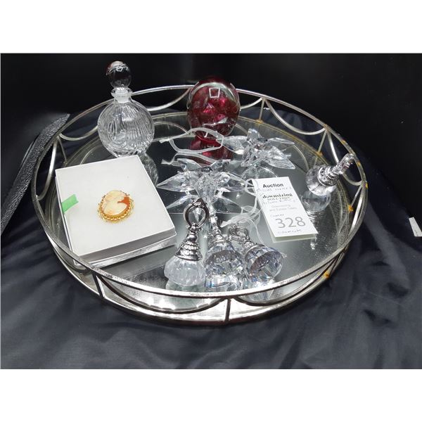 Mirrored Tray, Cameo and Crystal Perfume Bottle Cat A
