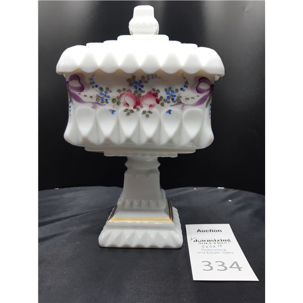 Painted Milk Glass Container Cat A