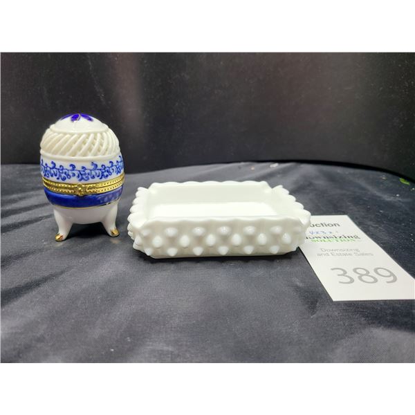 Hobnail Dish & Porcelain Egg Cat B