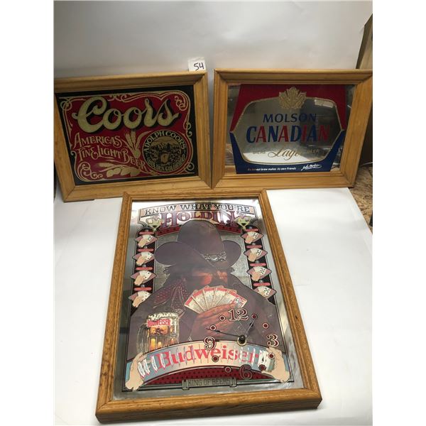 3 Advertising Mirrors Budweiser Clock Coors Molson Canadian 19.5"x13.5"