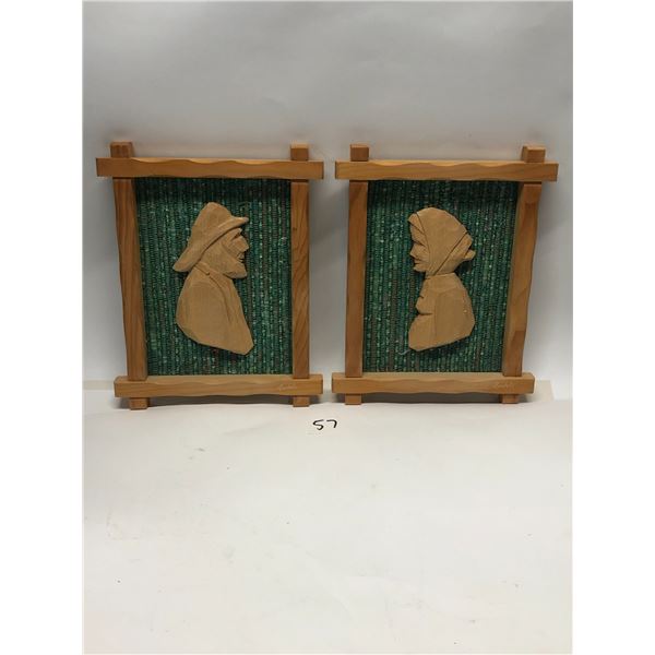 2 Wood Hand carved Hangable Wall art Signed: Audet Quebec 9.5"x7.5"