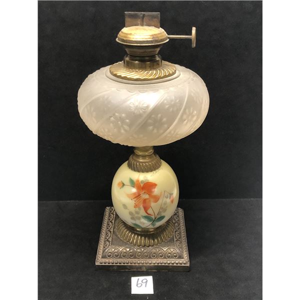 Antique Hand painted Oil Lamp approx: 13" tall 6" wide