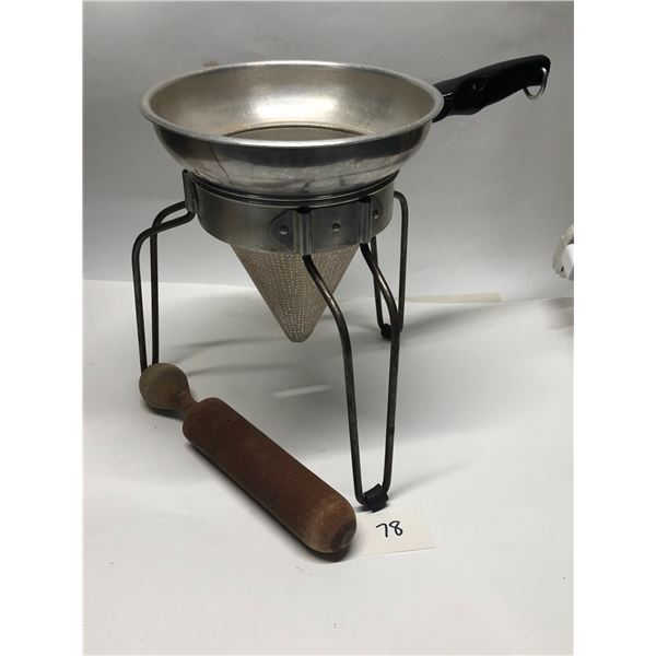 Vintage Aluminum Wear-Ever Sieve Strainer & Pestle w/ Stand 12" tall