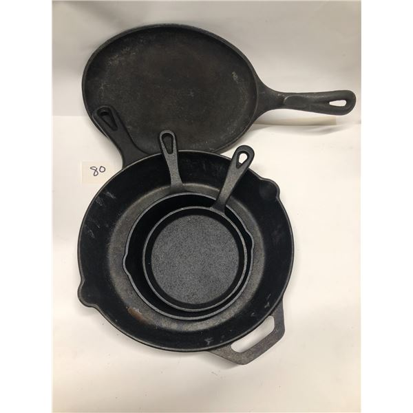 4 Cast Iron Frying Cooking Pans approx: 10" 6" 5" Oval 10"