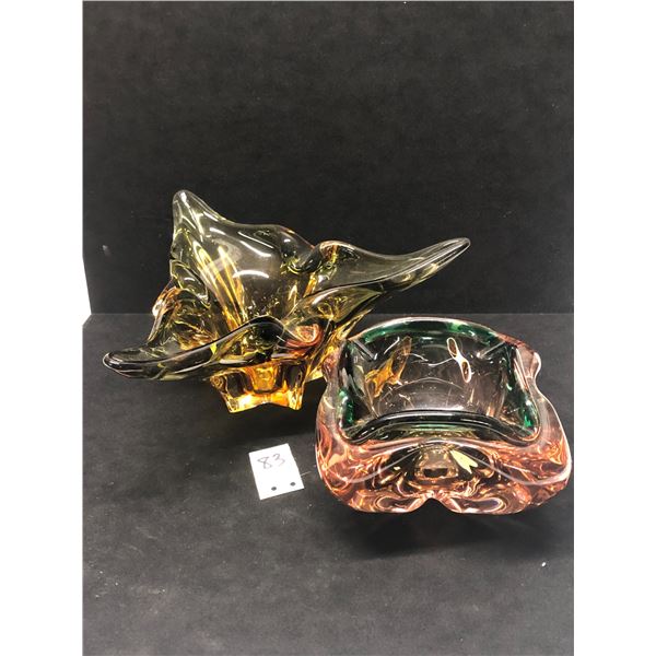 2 Large Art Glass Ashtrays Pink/Green 5.5" Yellow/Green 10.75"
