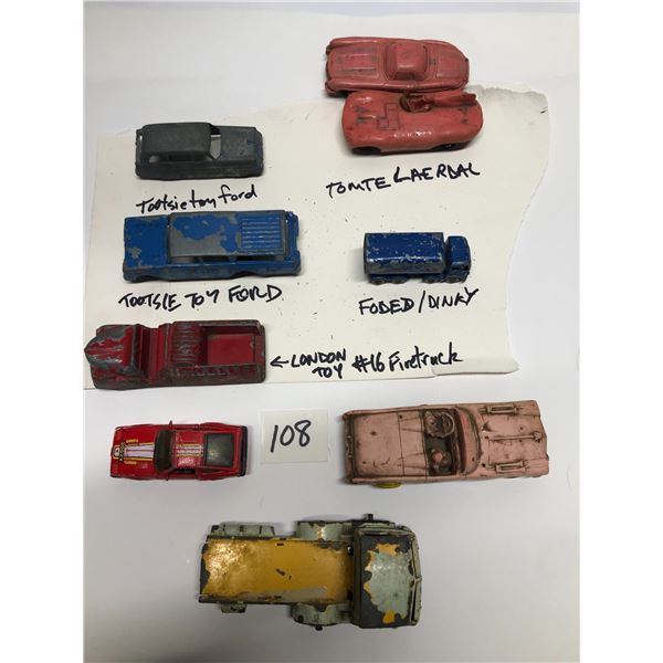 9 Vintage Metal rubber Toy Cars Dinky Tootsie Tomte Laerdal longest 4.25"