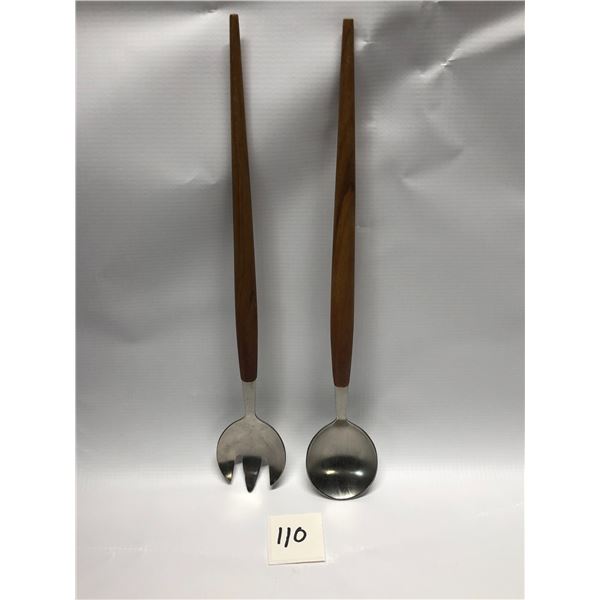 Teak Mid Century Modern Salad Servers Tongs Fork/Spoon 12.5"