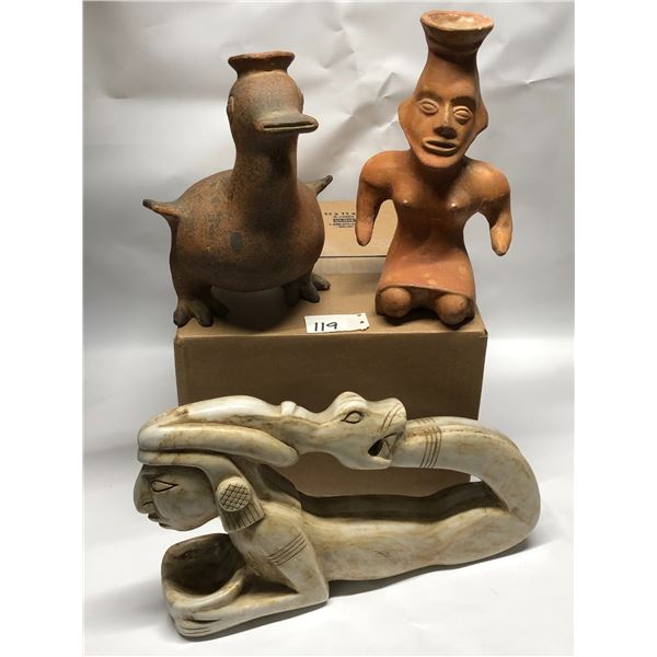 3 Pcs Myan Stoneware 13.5"x8.5" (2) Terracotta(?) 10" Pre Columbia Style