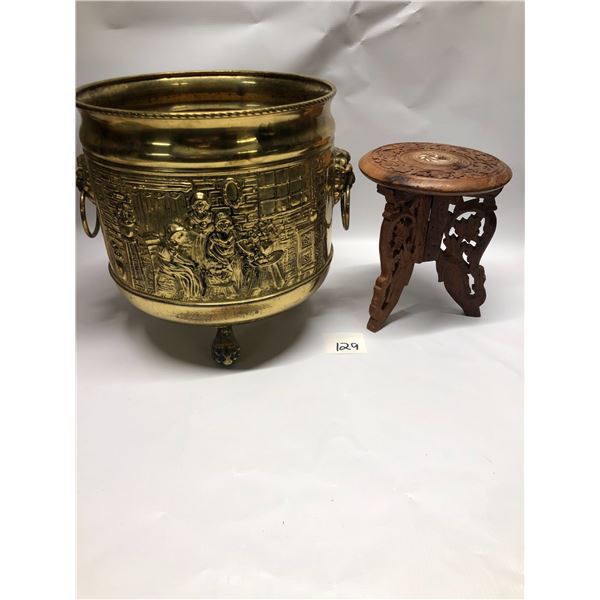 Brass Plant Holder Peerage England 9.5"W 10"T Wood Plant Stand 7.5"T