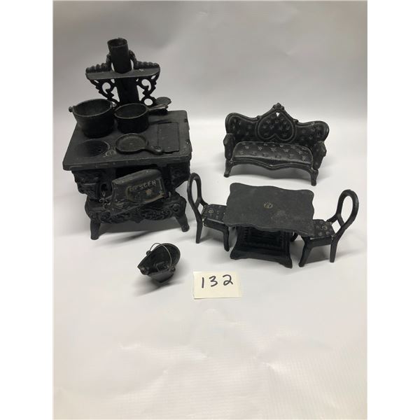 Cast Iron Miniatures Mini Toys Stove Table Chairs Pots Couch etc