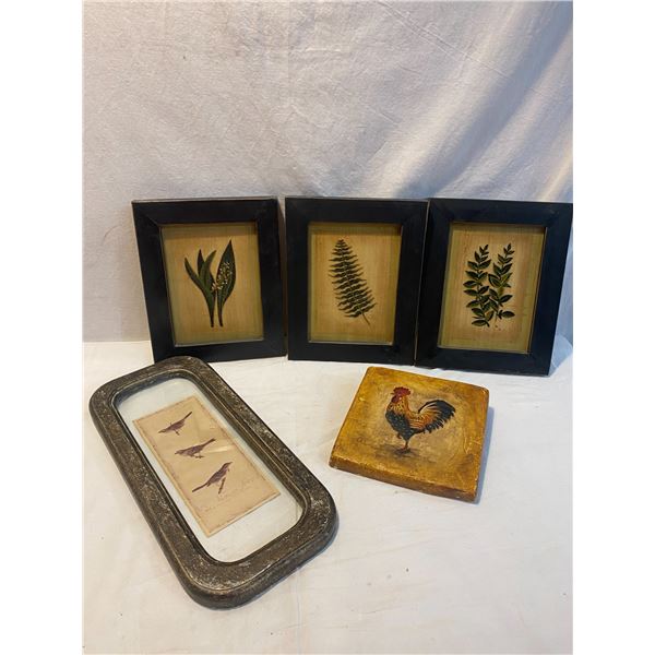 Leaf art, rooster tile and bird wall hanging