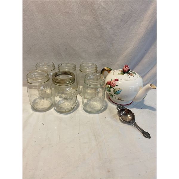 Canning jars and tea pot