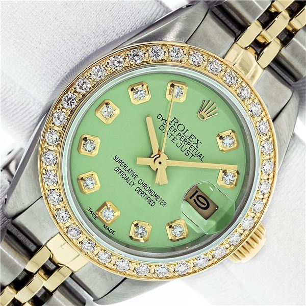 Ladies 26MM Datejust Green Diamond Oyster Perpetual 2T and SS