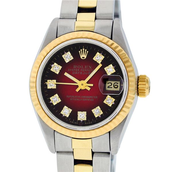 Rolex Ladies 2 Tone Red Vignette Diamond 26MM Oyster Perpetual Datejust Wristwat